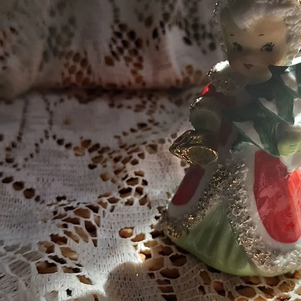 Lefton Porcelain Christmas Angel Vintage 1956 Carrying A Tree & Bells